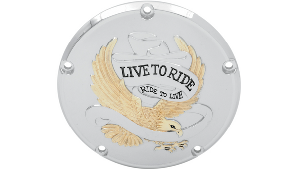 Drag Specialties Derby Cover - Live to Ride - 5-Hole - Chrome w/Gold Eagle - '99-'18 Big Twin