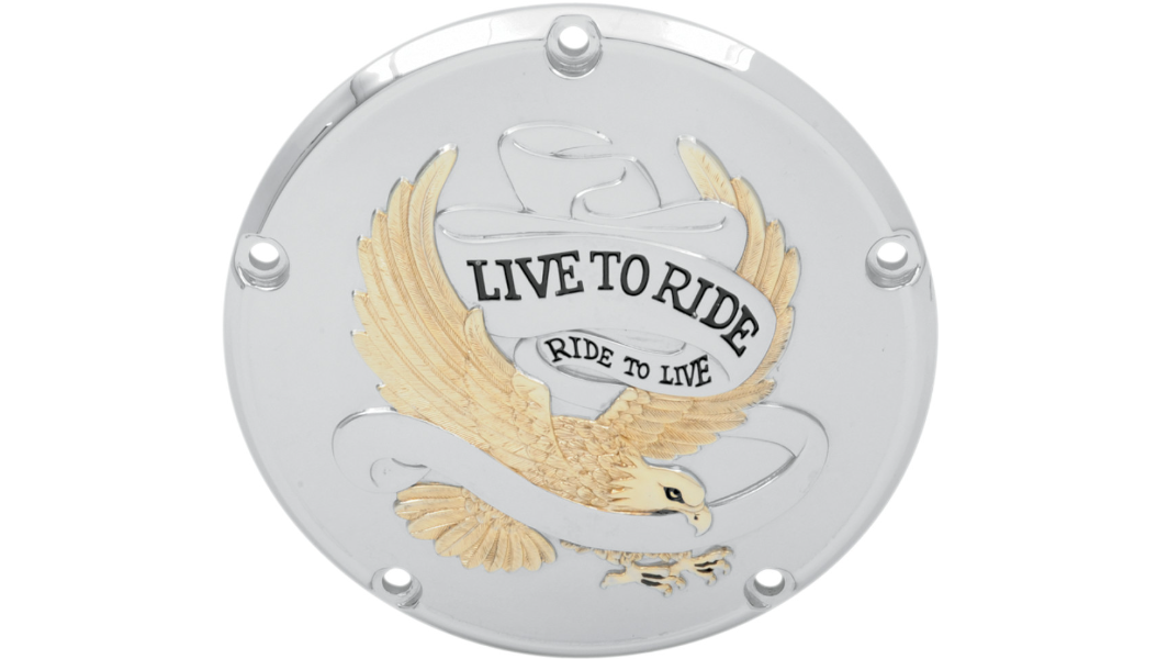 Drag Specialties Derby Cover - Live to Ride - 5-Hole - Chrome w/Gold Eagle - '99-'18 Big Twin