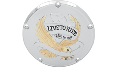 Drag Specialties Derby Cover - Live to Ride - 5-Hole - Chrome w/Gold Eagle - '99-'18 Big Twin