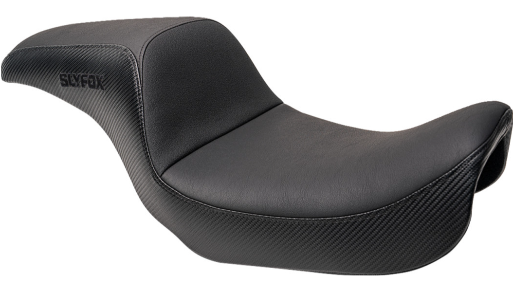 SLYFOX Drifter Seat - Black Logo - Black Vinyl w/ Slipstop - Carbon Fiber - Dyna '96-'03